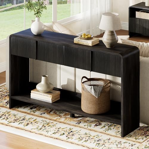 AMERLIFE 55" Fluted Entryway Console Table with 2 Drawers and Open Shelf | Modern Entryway Table with Rounded Edges, Wood Sofa Table for Hallway, Foyer, Behind Couch, Living Room, Black - color: Black - Fluted Panel, size: 55"