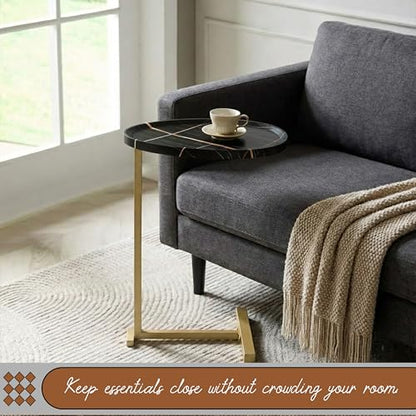 Kings Brand C-Shaped Side End Table, Sofa Snack Table, Gold & Black | Convenient C-Shaped Table – Slides Under Sofas, Chairs, Beds to Keep Coffee, Snacks, Laptops, Books, & Essentials w/in Reach - color: Black