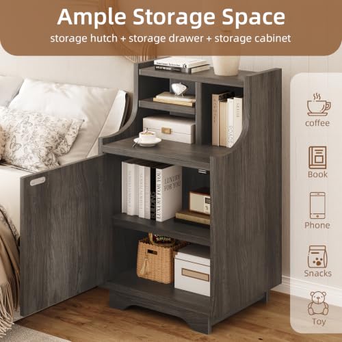 4ever2buy White Nightstand with Storage, 30" Tall Night Stand with Hutch | Farmhouse Tall Bedside Table End Table for Bedroom Living Room Sofa Office, Grey - color: Wash Grey