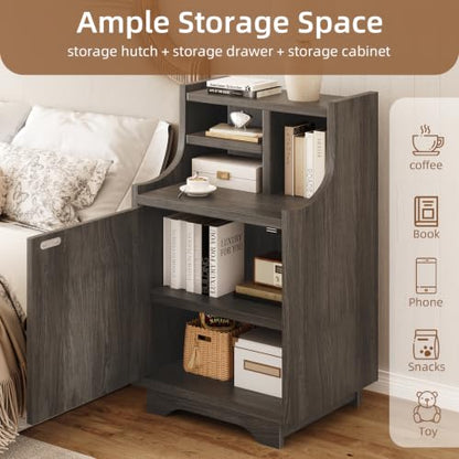 4ever2buy White Nightstand with Storage, 30" Tall Night Stand with Hutch | Farmhouse Tall Bedside Table End Table for Bedroom Living Room Sofa Office, Grey - color: Wash Grey