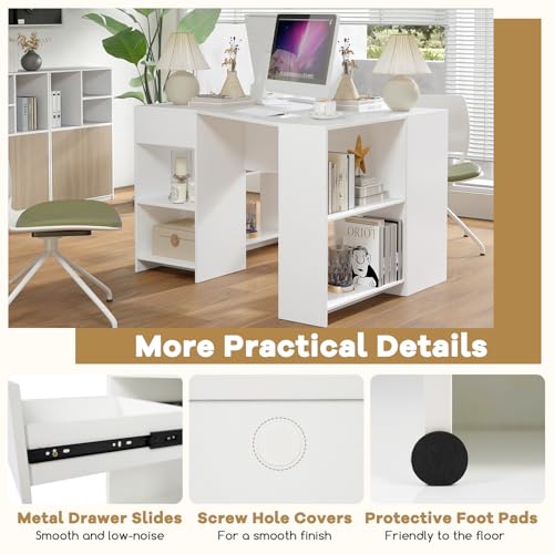 Giantex White Desk with Drawer, 48 Inch Corner Desk with Storage Shelves, Laptop PC Table for Workstation, Vanity Table for Bedroom, Modern Wood Executive Study Writing Table for Small Space