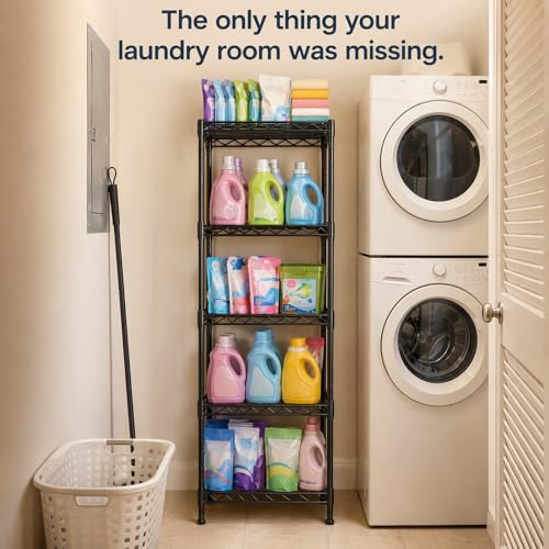 GRANNY SAYS 5-Tier Narrow Storage Shelves for Small Spaces – 15.8" W Metal Shelving Unit, Adjustable Wire Shelf, Freestanding Storage Rack for Bathroom, Laundry, Kitchen Pantry, Garage, Black - size: 15.8"W x 53"H x 11.8"D