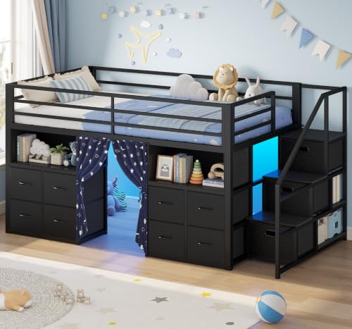 ADORNEVE Low Loft Bed Twin Size with Stairs and 11 Storage Drawers, Twin Loft Bed with Bookshelf, LED Lights & Under-Bed Play Space, Metal Kids Loft Bed with Safety Guardrail & Privacy Curtain, Black - color: Black