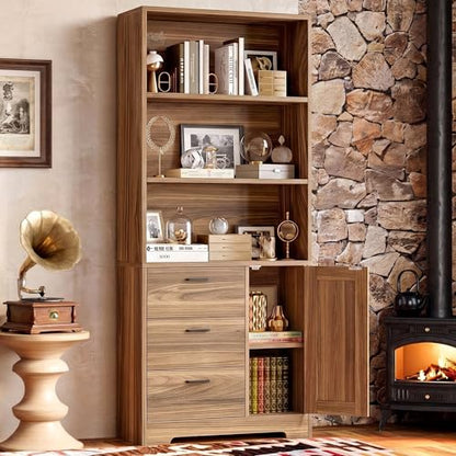 IRONCK Bookshelf with Doors and 3 Drawers 71 in Tall Bookshelf with Storage, Industrial Book Shelf with 3-Tier Shelves for Living Room Entrance Hallway Home Office - color: Oak Brown