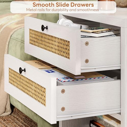 LIKIMIO Rattan Nightstand, 23" Wide Night Stand with Charging Station, Boho Side Table with 2 Drawers and Open Shelf, Bedside Table for Bedroom, White Oak