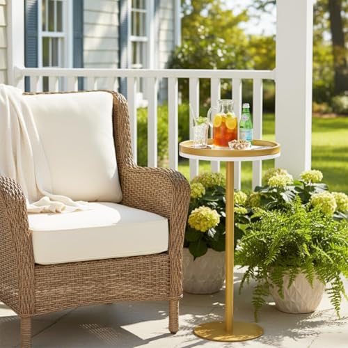 Martini Table, Small Round Drink Table with Weighted Base,Modern White & Gold Pedestal End Table with Tray Top Edge for Small Spaces, Living Room, Next to Sofa,24.7 "Tall - color: White + Gold