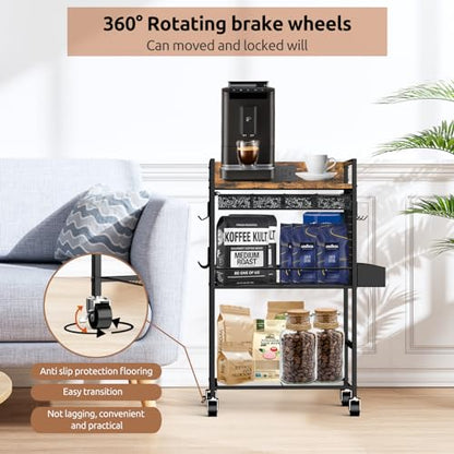 Compact Coffee Bar Cabinet with Power Outlet, Lockable Wheels, and Storage Drawer - Rustic Brown & Black for Office, Living Room, or Small Spaces