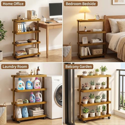 4-Tier Narrow Side Table with Wheels, Solid Wood Slim Rolling Storage Cart, Skinny End Table for Small Spaces, Moving Utility Shelf Organizer for Living Room, Bedroom, Kitchen, Bathroom