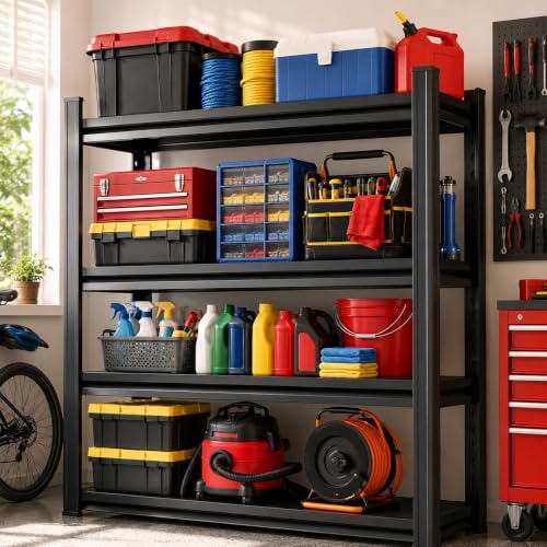 Garage Shelving, Heavy Duty Storage Shelves, Adjustable Boltless Units | Metal Shelving with Double Layer Posts, Industrial Steel Shelving for Garage Basement Warehouse Kitchen, Black, 54H*16W*12D - size: 16W*54H*12D-4T