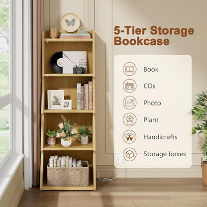 Hoctieon 5-Tier Open Bookcase and Bookshelf with LED Light, Floor Standing Display Storage Shelves, Wood Modern Display Organizer for Home Office, Living Room, Bedroom, Study, Yellow Oak