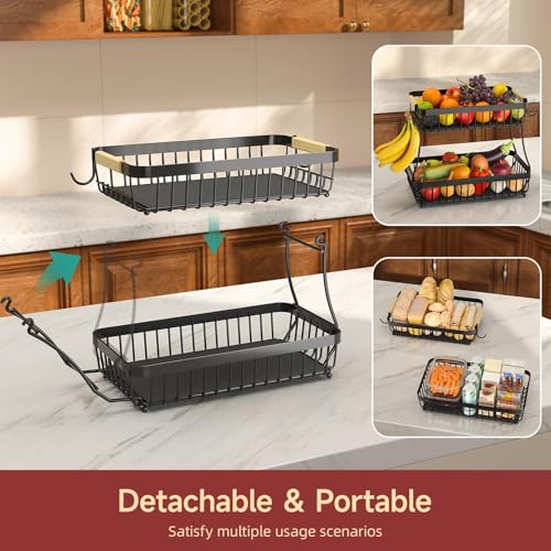 Sevenblue 2-Tier Fruit Basket with Banana Hangers, Detachable Metal Bowl | Wooden handle, protective mats included. Versatile holder for bread, snacks, and veggies. Large 2 tier metal design. - color: Black, size: 2 Tier Standard