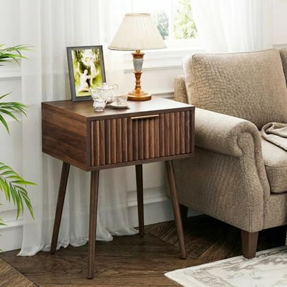 VINGLI Nightstands Set of 2, Fluted Night Stand with Drawer, Bedside Table, Wood Nightstand for Bedroom, Mid Century Modern End Tables, Walnut, 18.9" W*14.96" D*24" H - color: Walnut, size: 19"W-1 Drawer