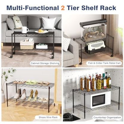 2 Tier Wire Shelf,Black Adjustable Metal Storage with Wheels | Heavy Load Capacity 600 lbs,Height Adjustable Design,35.8"Wx17.7Dx19.6H,Lockable 360°Wheels,Large Storage Space - size: 2-Tier,36"x18"x19.5"(WxDxH)
