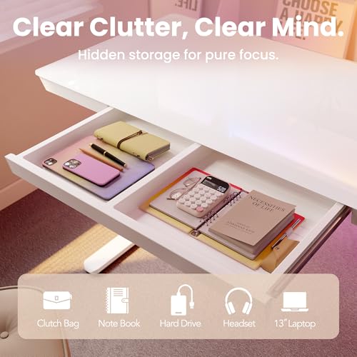 HUANUO Glass Standing Desk with Drawers, 48 X 24 Inch Electric Adjustable Height Desk, Quick Install One-Piece Tabletop with USB Charging Ports, White - color: White, size: 48*24 Inch