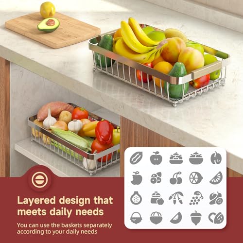 Sevenblue 2-Tier Fruit Basket with Banana Hangers, Detachable Metal Bowl | Wooden handle, protective mats included. Versatile holder for bread, snacks, and veggies. Large 2 tier metal design. - color: Silver, size: 2 Tier
