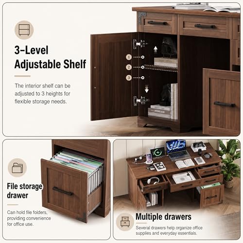 55" Farmhouse Executive Desk with Charging Station & Power Outlet, Home Office Computer Desk with 5 Drawers and Storage Cabinet, Rustic Wood Writing Study Table with File Drawer (Walnut-05) - color: Walnut-05