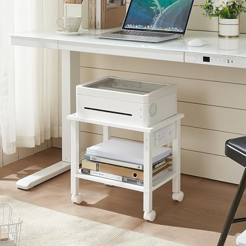YUFAM 2 Tier Under Desk Printer Stand with Charging Station, White | Wooden Small Printer Table for Home Office, Rolling Printer Cart Shelf with Lockable Wheels - color: White, size: 11.8"D×15.7"W×15.3"H(With USB)