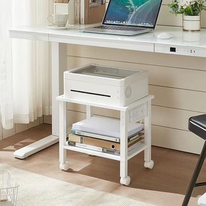 YUFAM 2 Tier Under Desk Printer Stand with Charging Station, White | Wooden Small Printer Table for Home Office, Rolling Printer Cart Shelf with Lockable Wheels - color: White, size: 11.8"D×15.7"W×15.3"H(With USB)
