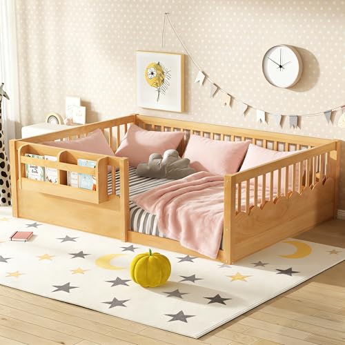 Bellemave Full Size Kids Floor Bed with Heightened Fence and Bookshelf, Wooden Full Montessori Bed Frame for Girls Boys, Natural - color: Natural Shelf, size: Full