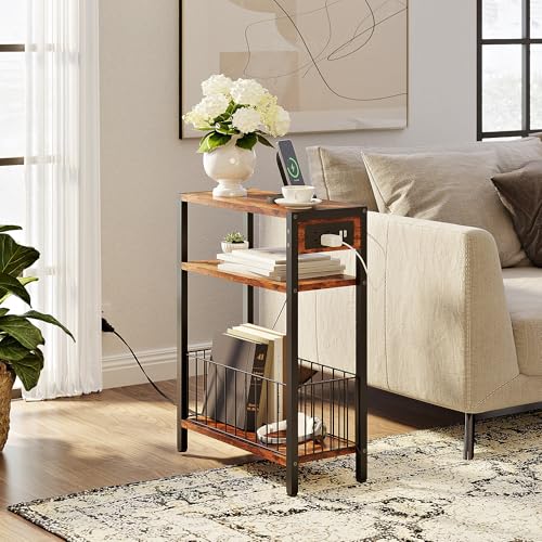 TRIFEBLE Narrow Side Table with Charging Station, Small End Table for Small Spaces, Slim Nightstand with Storage Basket, 3 Tier Skinny Bedside Table for Living Room, Bedroom, Rustic Brown - color: Rustic Brown, style: With Basket & Power