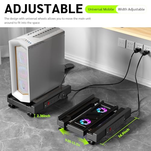 Computer Tower Stand with Charging Station and Cooling System | Adjustable Mobile CPU Holder with 4 Rolling Casters, Under Desk CPU Bracket PC Floor Cart PC Riser for Office, Home - color: Socket with Fan