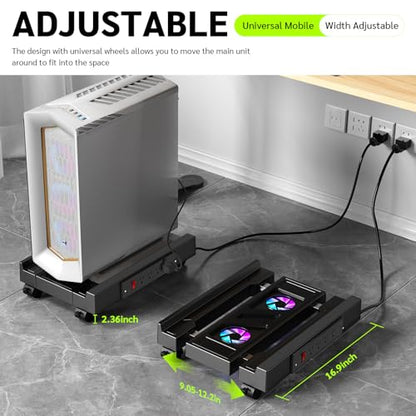 Computer Tower Stand with Charging Station and Cooling System | Adjustable Mobile CPU Holder with 4 Rolling Casters, Under Desk CPU Bracket PC Floor Cart PC Riser for Office, Home - color: Socket with Fan
