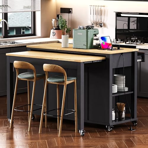 47 Extendable Countertop Coffee Station, Kitchen Storage Cabinets with Power Outlet, Kitchen Island Table with Rubber Wood Veneer for Kitchen use, Black - color: Black