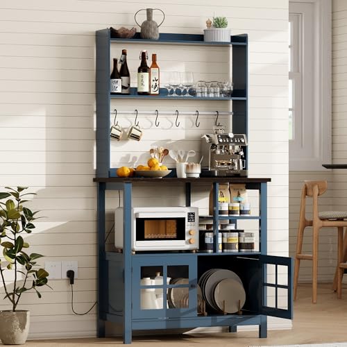 ChooChoo Farmhouse Coffee Bar Cabinet with Storage, Bakers Rack with Power Outlets, Microwave Stand Kitchen Cabinet with Hutch and 6 Hooks, Blue - color: Blue