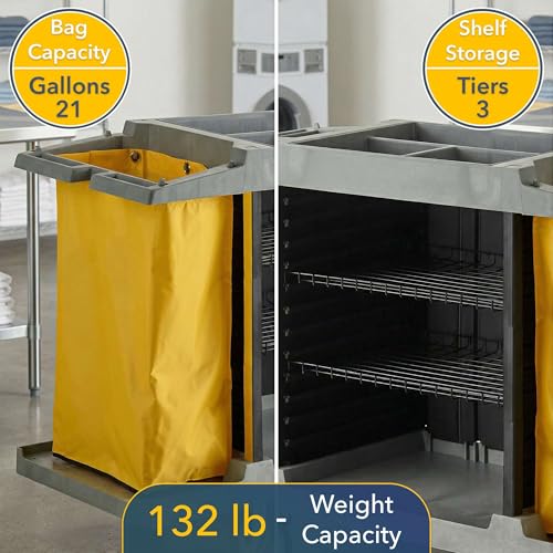59” x 21” x 38” 3-Shelf Multifunctional Housekeeping Cart - Commercial Hotel Cart with 2 Vinyl Bags, 8 Top Compartments, Vacuum Bracket, Locking Casters for Janitorial and Room Service Use - 132 lb - size: Medium (3 Shelf)