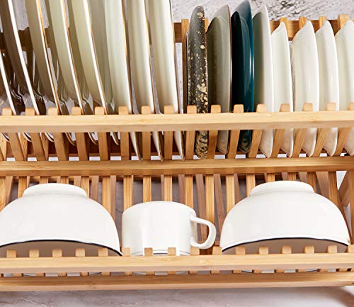 NOVAYEAH Bamboo Dish Drying Rack with Utensil Holder, Collapsible Wooden Dish Drainer Rack, 3-Tier Large Folding Drying Holder for Kitchen Counter 51 pcs Grid - color: 3-tier (Bamboo)