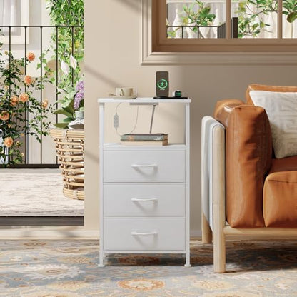 Somdot Nightstands Set of 2 with 3 Drawers, Charging Station & LED Light | Open-Shelf End Tables for Bedside, Small Spaces, Bedroom, Entryway and Hallway, White - color: White, size: 11.8"D x 15.7"W x 28.3"H (3 Drawers)