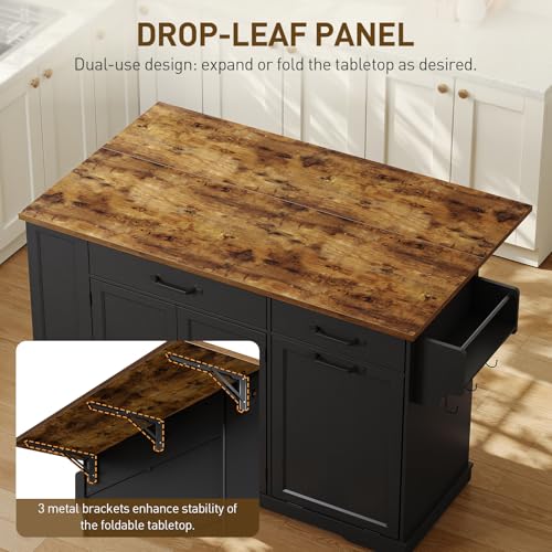 RALGEND Kitchen Island with Power Outlet & Drop Leaf, Rolling Storage Cart with Trash Storage Cabinet, Farmhouse Mobile Island Table for Kitchen, Dining Room, Hidden Casters, Black and Rustic Brown - color: Black + Rustic Brown