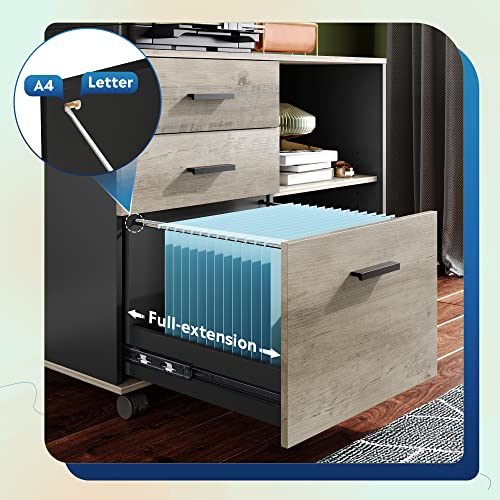 DEVAISE 3 Drawer Mobile File Cabinet, Wood Lateral Filing Cabinet, Printer Stand with Open Shelves for Home Office, Greige - color: Greige, style: Modern