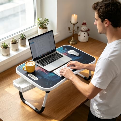 Laptop Bed Table with Storage & Cup Holder - Foldable Bed Table for Laptop, Portable Lap Desk Bed Tray for Breakfast in Bed, Writing, Reading, Working, Eating on Sofa or Floor (144 Jungle)