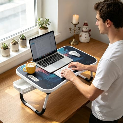 Laptop Bed Table with Storage & Cup Holder - Foldable Bed Table for Laptop, Portable Lap Desk Bed Tray for Breakfast in Bed, Writing, Reading, Working, Eating on Sofa or Floor (144 Jungle)