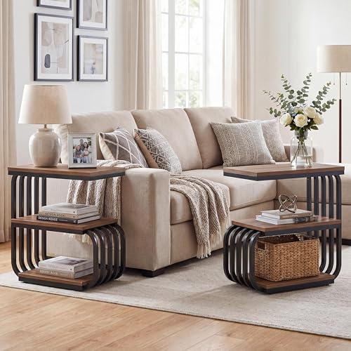 Tribesigns Small Narrow End Table with Storage Shelf, Industrial Side Tables with Curved Metal Frame, 3-Tier Accent Table and Nightstand for Living Room, Bedroom, Small Space (1, Brown) - color: Brown