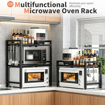 Microwave Oven Rack, Heavy Duty 3-Tier Adjustable Shelf Microwave Stand, Expandable Kitchen Countertop Shelf Organizer with 6 Hooks, 100lbs Weight Capacity for kitchen organizers and storage, Black - size: Adjustable 3 Tier