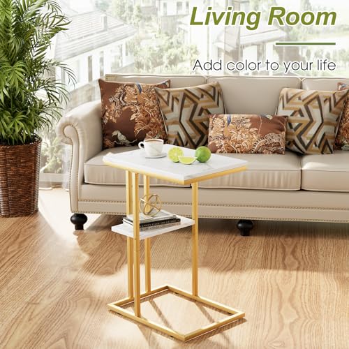 C Shaped End Side Table, Couch Sofa Table for Bed, Gold Snack Table with Metal Frame, TV Tray Table for Small Space, Living Room, Bedroom, Bedside(White Marble) - color: White Marble+gold