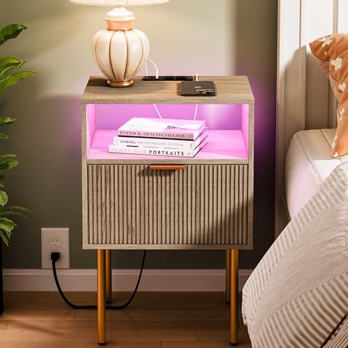 JOONEE Modern Nightstand with Charging Station and LED Lights, White Bedside Table with Drawer, Fluted Side Table for Living Room, Bedroom - color: Grey