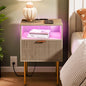 JOONEE Modern Nightstand with Charging Station and LED Lights, White Bedside Table with Drawer, Fluted Side Table for Living Room, Bedroom - color: Grey