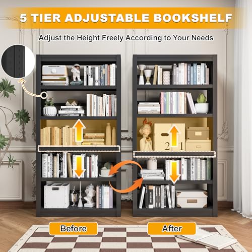 OSEILLC Bookcase, 5-Shelf Heavy Duty Metal Bookcase, Adjustable Bookshelf with Large Capacity, Book Shelf for Home Office, Living Room, Garage (Black) - color: Black, size: 69"H x 31.5"W