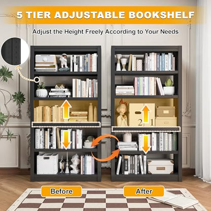 OSEILLC Bookcase, 5-Shelf Heavy Duty Metal Bookcase, Adjustable Bookshelf with Large Capacity, Book Shelf for Home Office, Living Room, Garage (Black) - color: Black, size: 69"H x 31.5"W