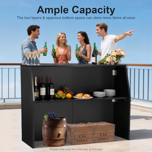 47.75" Foldable Portable Event Bar Cabinet - Mobile Bartending Station with Top & Middle Shelves, Strong Load Capacity, Complete Accessories for Parties, Picnics, Barbecues & Catering (Black)