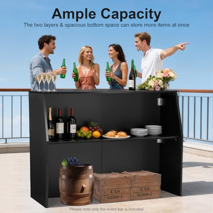47.75" Foldable Portable Event Bar Cabinet - Mobile Bartending Station with Top & Middle Shelves, Strong Load Capacity, Complete Accessories for Parties, Picnics, Barbecues & Catering (Black)