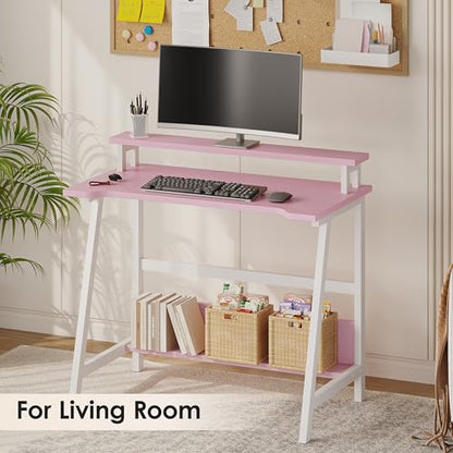 ALISENED 31.5 Inch Small Office Desk with Storage, Small Desk for Small Spaces, Compact Home Office Desk, Mini Study Desk for Bedroom, Pink - color: Pink