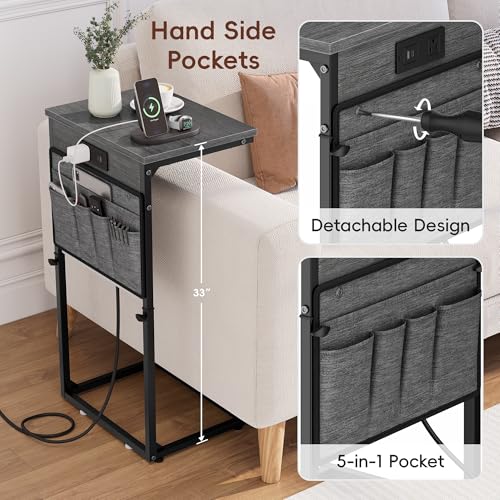 Vagusicc C-Shaped End Table with Charging Station, Small Side Table for Couch, 33" Tall Adjustable Height C Table, Couch Tables that Slide Under, Sofa Table TV Tray for Living Room, Gray Walnut - color: 1pc Gray Walnut