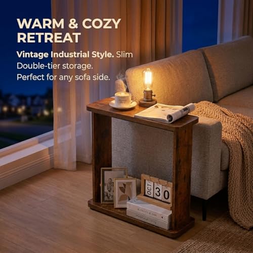 Narrow Side Table for Small Spaces, 7.9" Slim End Table with 2-Tier Open Storage Shelf, Modern Skinny Wood Sofa Table for Living Room, Bedroom, Nightstand, Couch (Rustic Brown) - color: Rustic Brown