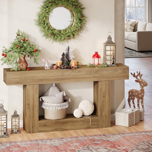 Tribesigns 63-Inch Long Console Table, 2-Tier Entryway Table Sofa Table with Storage, Farmhouse Wood Behind Couch Table for Living Room, Hallway, Light Brown - color: Light Brown