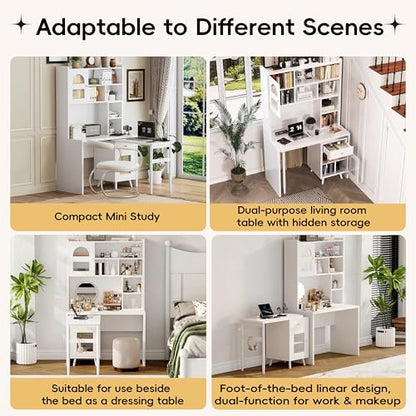 Wooden Computer Gaming Desk with 90 Degree Rotating Desktop, Study Writing Desk with Open Shelves, Storage Drawer and Cabinets, Work Desk for Home Office Bedroom Living Room (White-03) - color: White-03