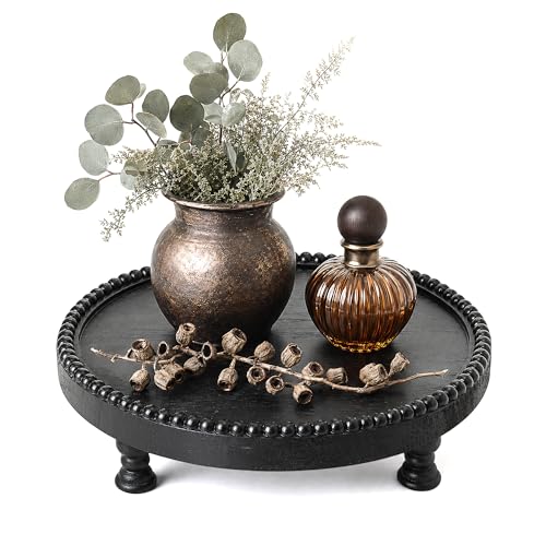 EOSAHR Pine Wood Rustic Round Display Riser for Room Decor– Beaded Pedestal Tray Stand for Cake Stand, Plant Stand - New House Essentials, Boho Home Decor or Bathroom Decor Accents (Black) - color: Black